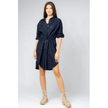 Rochie midi tip camasa, din poplin de bumbac, cu siret in talie, bleumarin