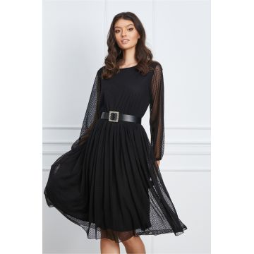 Rochie Mirela neagra din tull cu picatele si curea in talie