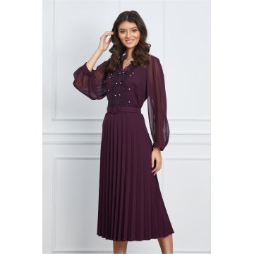 Rochie Nicolle mov cu broderie pe bust si curea in talie Rochie Nicolle mov cu broderie pe bust si curea in talie