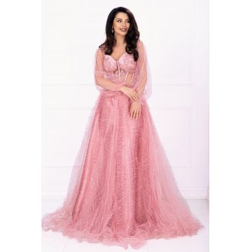 Rochie pretioasa rose Patrizia din tulle cu sclipici si margele