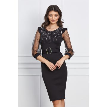 Rochie Raisa neagra din neopren cu strasuri si curea in talie