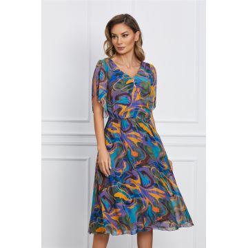 Rochie Teodora mov cu imprimeuri orange si kaki Rochie Teodora mov cu imprimeuri orange si kaki