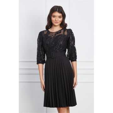 Rochie Veronica neagra cu glitter auriu la bust si curea in talie