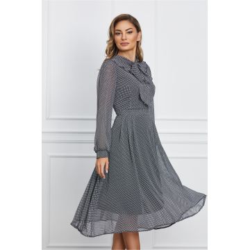 Rochie Veronica neagra cu imprimeuri albe si guler tip esarfa