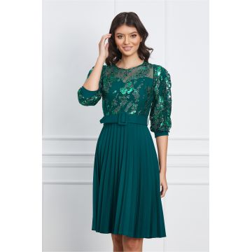 Rochie Veronica verde cu glitter la bust si curea in talie