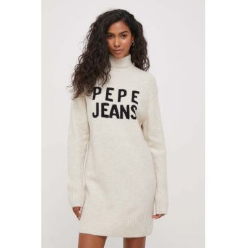 Pepe Jeans rochie din amestec de lana culoarea bej, mini, drept