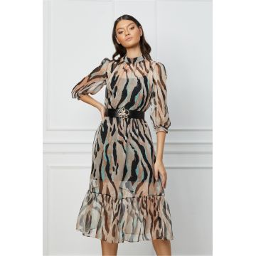 Rochie Daniela bej cu zebra print verde mint si curea in talie