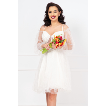 Rochie de cununie Meredith baby-doll alba cu perle si margele