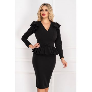 Rochie de ocazie eleganta conica neagra cu peplum si funda in talie