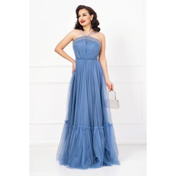 Rochie de seara Christine bleu cu model din strassuri