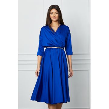 Rochie Dy Fashion albastra din satin cu elastic si curea in talie