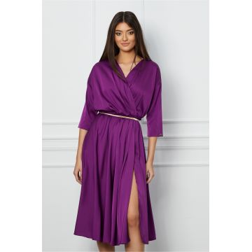 Rochie Dy Fashion magenta din satin cu elastic si curea in talie