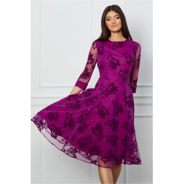 Rochie Dy Fashion magenta din tull cu insertii catifelate