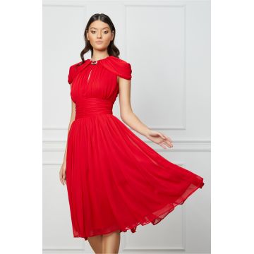 Rochie Dy Fashion rosie din voal cu accesoriu la decolteu
