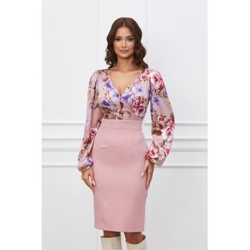 Rochie Dy Fashion roz cu imprimeuri florale lila la bust