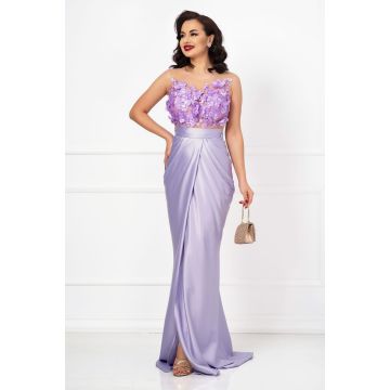 Rochie eleganta tip sirena Claire lila cu flori 3D si fronseuri