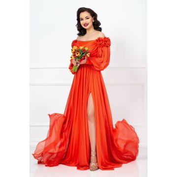 Rochie lunga de lux Mireya orange cu fronseuri si flori 3D