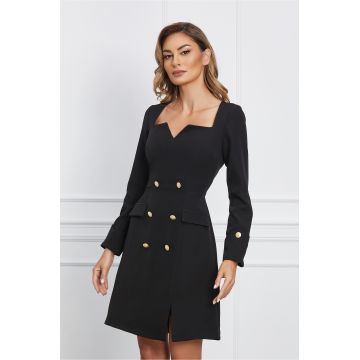 Rochie Moze neagra cu nasturi decorativi si maneci lungi