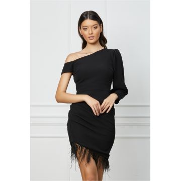 Rochie Moze neagra cu pene la baza si lungime asimetrica