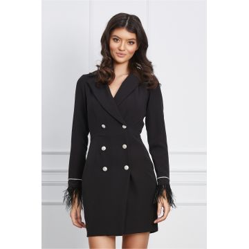 Rochie Moze neagra tip sacou cu pene la baza manecilor