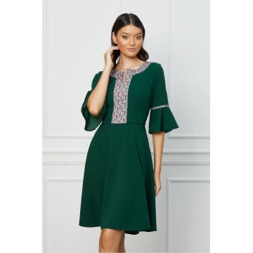 Rochie Moze verde cu imprimeu pe bust si maneci clopot