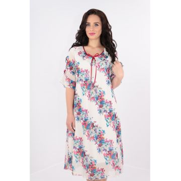 Rochie alba din voal cu print floral multicolor