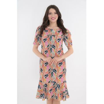 Rochie bej cu print abstract multicolor cu maneci bufante si volanas la tiv