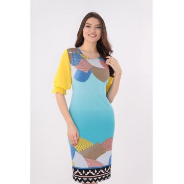 Rochie bleu cu print geometric si maneci galbene