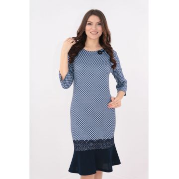 Rochie bleumarin cu print in carouri si volan bleumarin