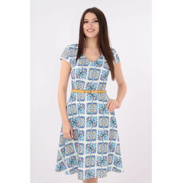 Rochie clos alba cu print albastru