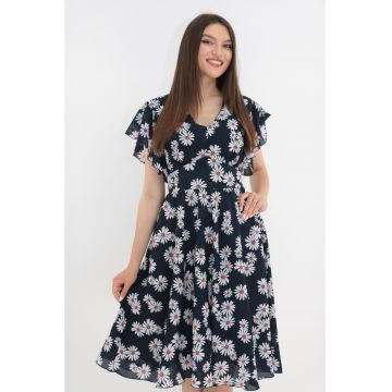 Rochie clos bleumarin cu print floral alb