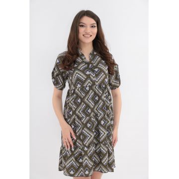 Rochie cu print geometric gri-mustar si volane