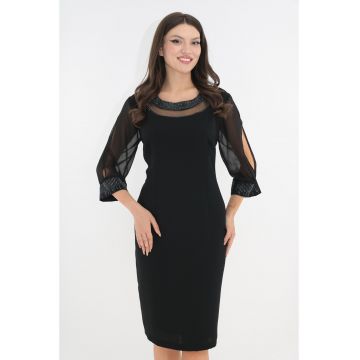 Rochie de ocazie neagra cu strasuri la decolteu si maneci