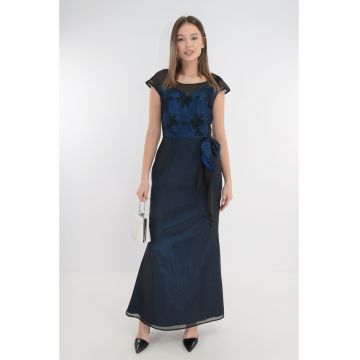 Rochie de seara din voal negru si saten albastru