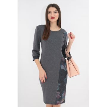 Rochie din jerse gri cu garnituri cu print floral maxi