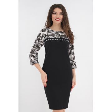 Rochie din stofa neagra cu print alb-negru