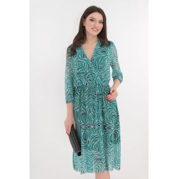 Rochie din tull cu print abstract verde-alb