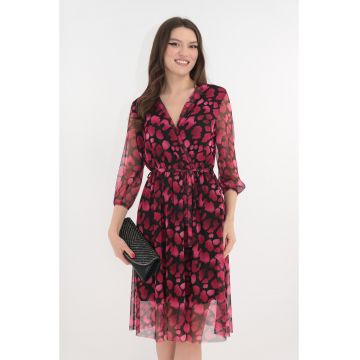 Rochie din tull negru cu print abstract fucsia