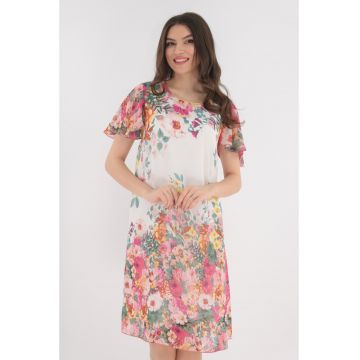 Rochie din voal alb cu print floral maxi multicolor