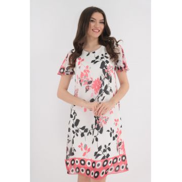 Rochie din voal alb cu print floral si bordura roz