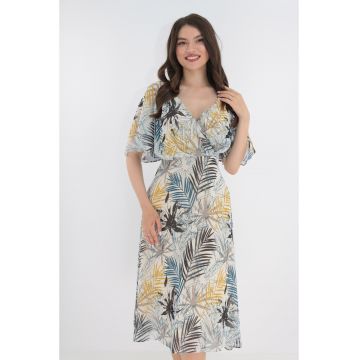 Rochie din voal alb cu print floral si decolteu parte peste parte