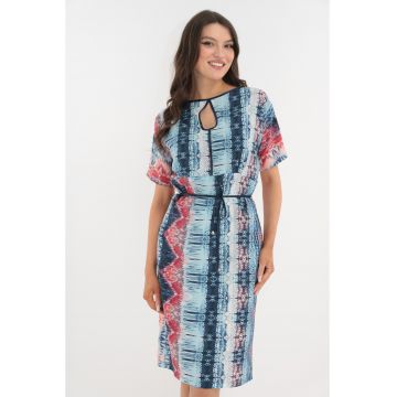 Rochie dreapta albastra cu print abstract rosu