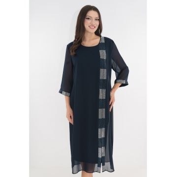 Rochie eleganta bleumarin cu aspect suprapus si strasuri