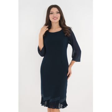 Rochie eleganta bleumarin cu strasuri si volan plisat la tiv