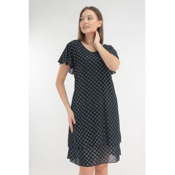 Rochie eleganta bleumarin cu voaluri suprapuse si cerculete aurii