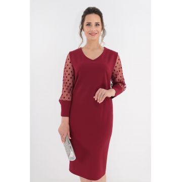 Rochie eleganta bordo cu maneci din tull cu buline din catifea