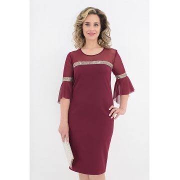 Rochie eleganta bordo cu tull si banda cu paiete aurii