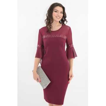 Rochie eleganta bordo cu tull si banda decorativa cu paiete