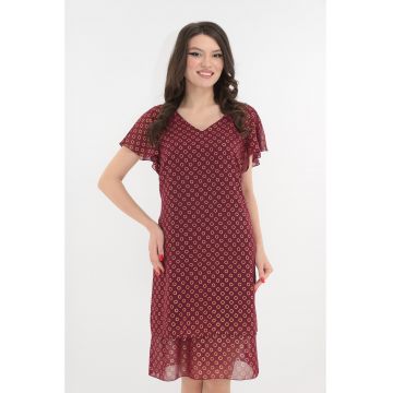 Rochie eleganta bordo cu voaluri suprapuse si cerculete aurii