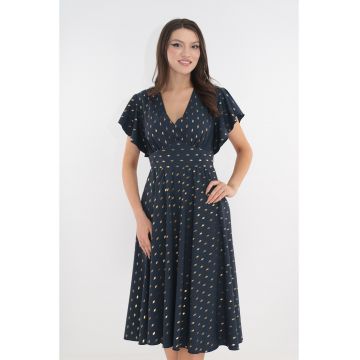 Rochie eleganta clos bleumarin cu print auriu